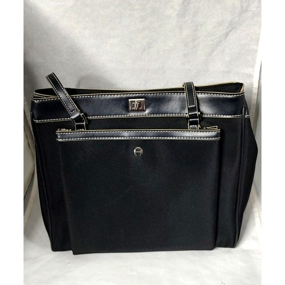 Eitienne Aigner Shoulder Bag Purse Black Fabric White Stitch Trim #40132 Clean - Picture 1 of 15